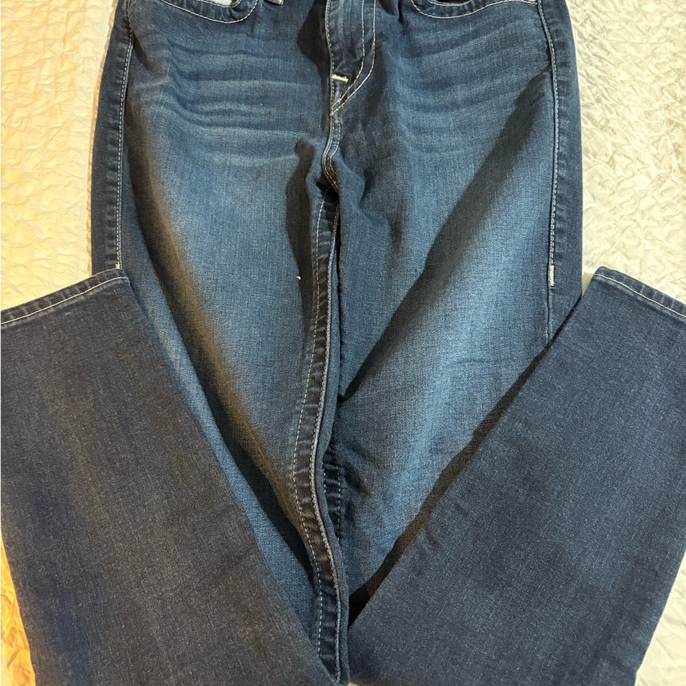 True Religion Blue Straight Leg Jeans with Contrast Stitching